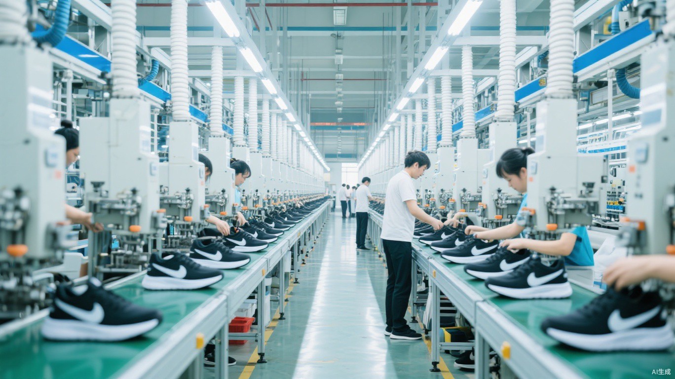 中国鞋厂OEM鞋类成型生产线，工人正在组装运动鞋